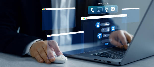istock Contact us for online support. Business person watching on virtual screen. Customer service, helpdesk advice online chat  support. 2159492756