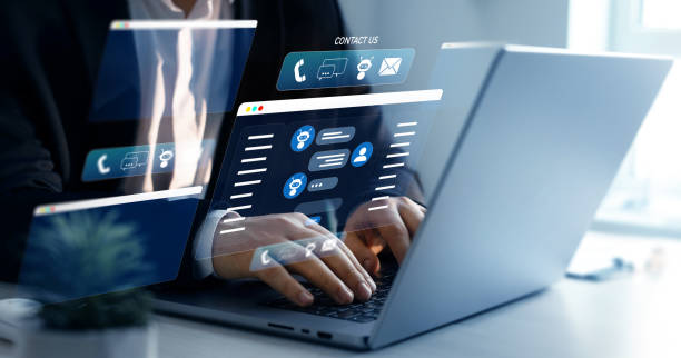 istock Contact us for online support. Business person watching on virtual screen. Customer service, helpdesk advice online chat  support. 2159492758