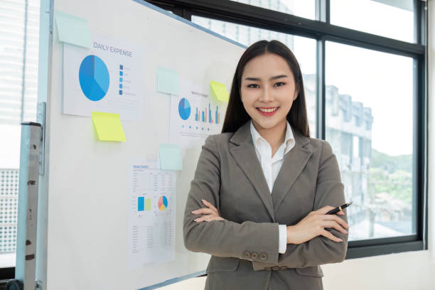 istock Confident Young Accountant in Modern Office with Financial Charts and Graphs on Whiteboard 2159493138