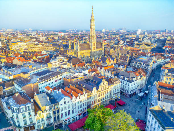 Aerial view city of Brussels Town Hall at sunrise, Belgium