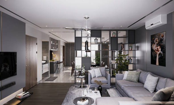 istock Creating a Unique Space Living Room Interior Design in Industrial Style Loft with 3D Render 2159499458