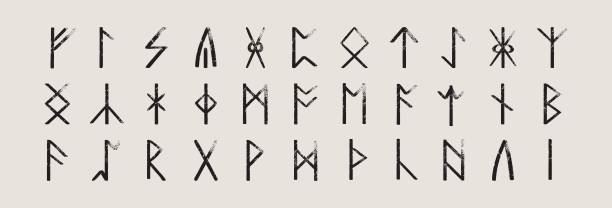 A complete collection of Anglo-Saxon medieval runes. Set of the younger futhark. Ancient frisian alphabet. Neofolk style. runes stock illustrations