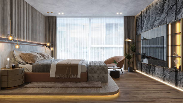 istock Modern Bedroom interior design with bed light wall tv and much more things. 2159500453