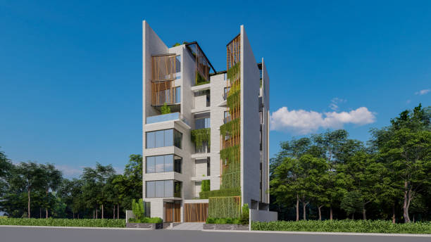 istock Modern Residential building 3d modeling and rendering blue background sky landscape nature friendly construction 2159500627