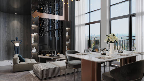istock Creating a Unique Space Living Room Interior Design in Industrial Style Loft with 3D Rendering 2159500935