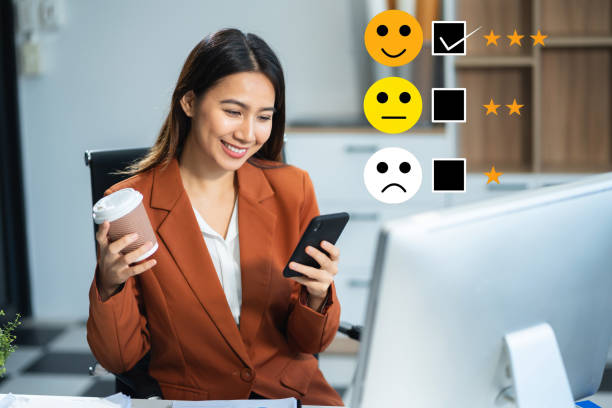 istock User give rating to service experience on online application smartphone. 2159511722