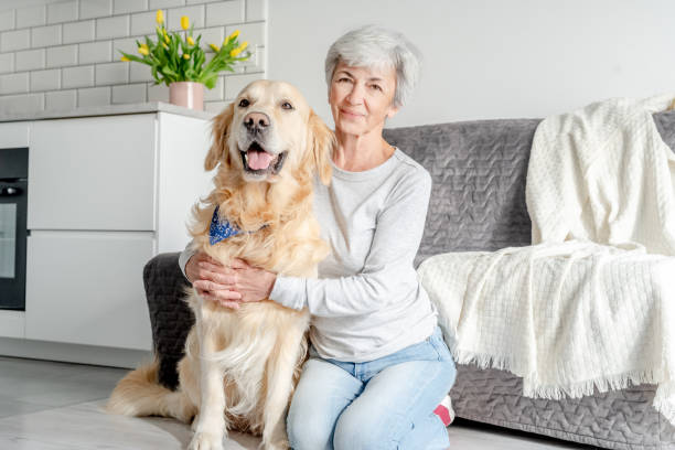 istock Grey-Haired Woman With Golden Retriever 2159517328