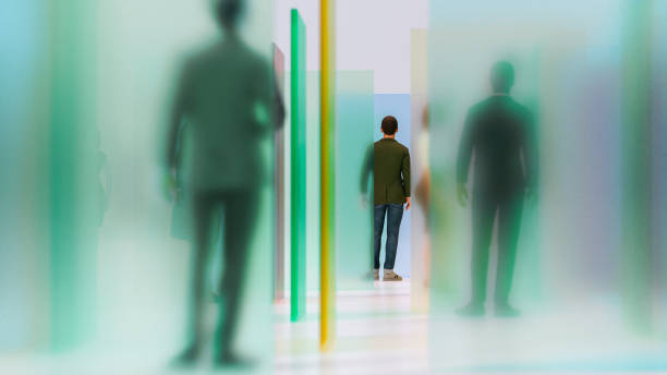 People in business attire standing among translucent, pastel-colored panels in a minimalist, white space. This conceptual scene might symbolize the complexities and barriers in modern communication and interaction, highlighting how individuals navigate through different perspectives and challenges in a professional environment.