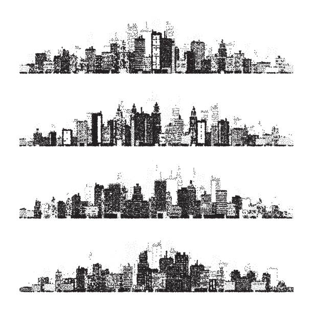 Stippled city silhouettes. Cityscape, town skyline. Midtown, downtown with buildings, houses and skyscrapers. Stippling, dot drawing and shading, stipple pattern, halftone effect. Vector illustration Stippled city silhouettes. Cityscape, town skyline. Midtown, downtown with buildings, houses and skyscrapers. Stippling, dot drawing and shading, stipple pattern, halftone effect. Vector illustration. new york skyline drawing stock illustrations