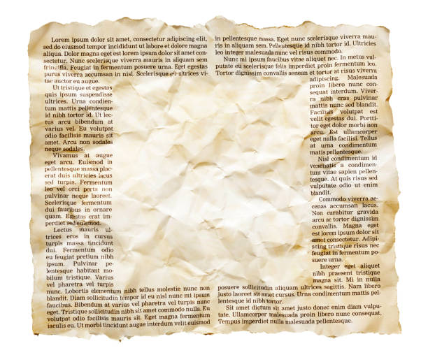 istock Dirty, stained, crumpled newspaper cutting with text runaround framing a square blank space 2159523126