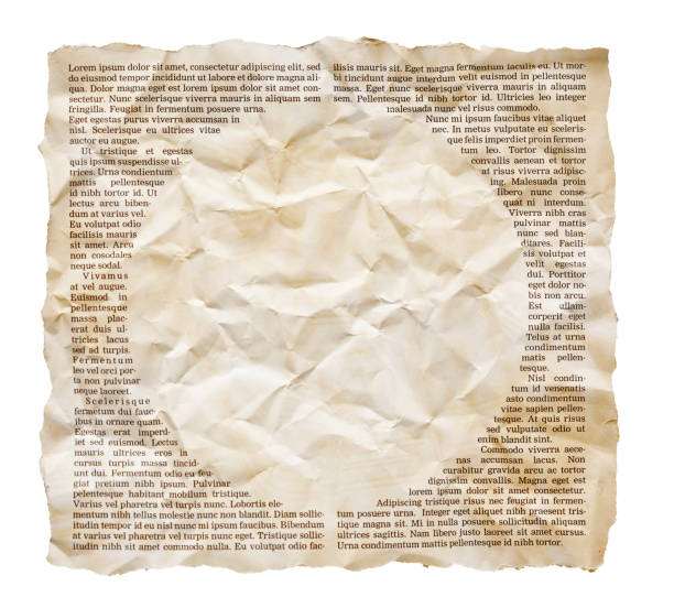 istock Dirty, stained, crumpled newspaper cutting with text runaround framing a circular blank space 2159523923