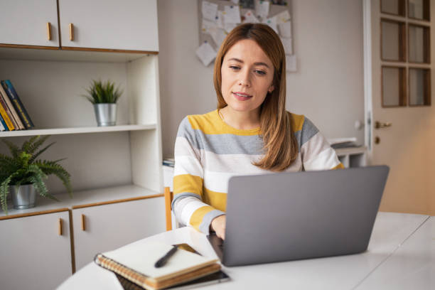 istock Caucasian female freelancer working on netbook at home office 2159523925
