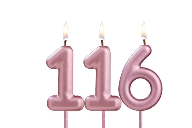 Lit birthday candle - Candle number 116 on white background