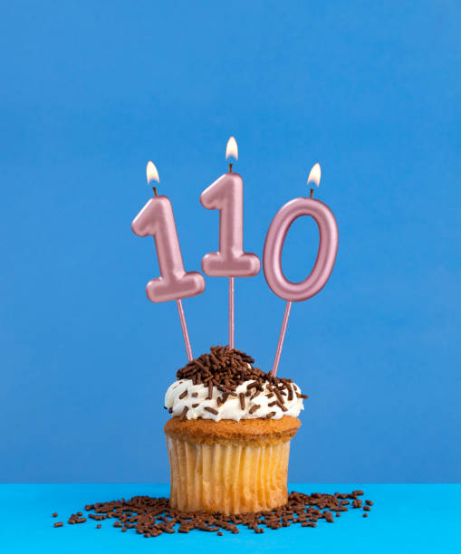 istock Birthday candle with cupcake on blue background - Number 110 2159526699