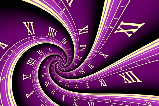 Abstract modern purple spiral clock dial with roman and arabic numerals. Concept of Infinite time, deadline, scheduling, time and space, past, present and future.