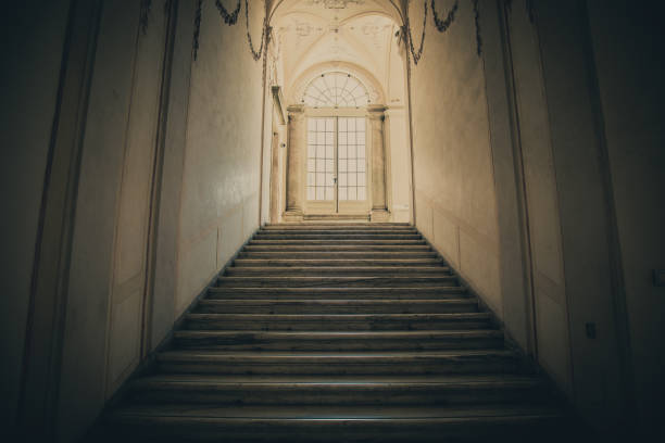 istock Ancient dark staircase - Grunge interior, nobody, empty building architecture, window. 2159532688