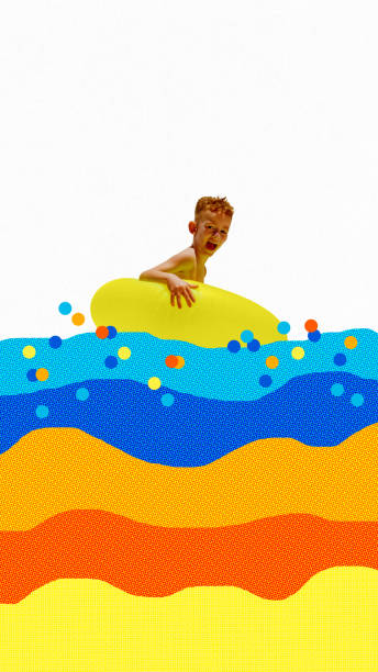 istock Poster. Contemporary art collage. Boy in yellow inflatable ring shouting while floating above vibrant, colorful ocean waves. 2159532925