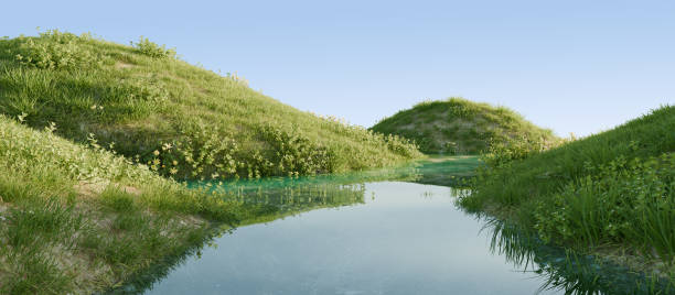 istock Serene river flowing through a lush green landscape. 3D render. 2159533359