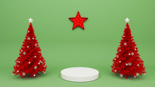 istock red christmas tree decorated with christmas balls and accessories 3d render with green background and star background with lights podium for products 2159533570