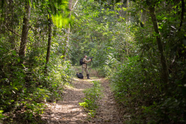 Man photographing and filming in the Amazon rainforest.