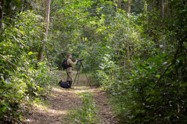 istock Man photographing and filming in the Amazon rainforest. 2159539405