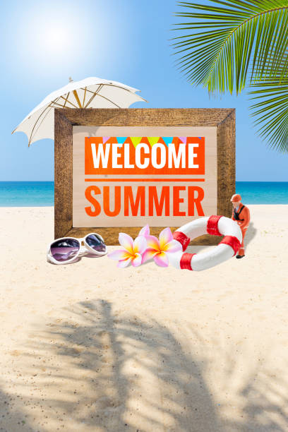 istock Welcome summer sign on tropical beach with summer decoration item 2159540605