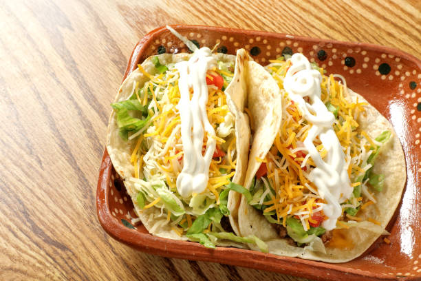 istock Close up Tacos Dish on Wooden table 2159542661