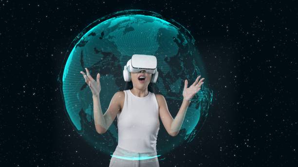 istock Excited Woman in VR interacting rotating digital globe hologram. Hallucination. 2159546895