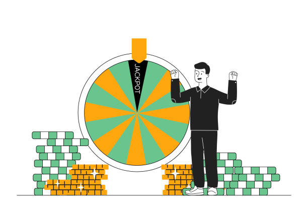istock Man with casino. Young guy stands near multicolored roulette wheel. Game for luck and fortune. Person with gambling. Winner with prize. Linear vector illustration 2159549155