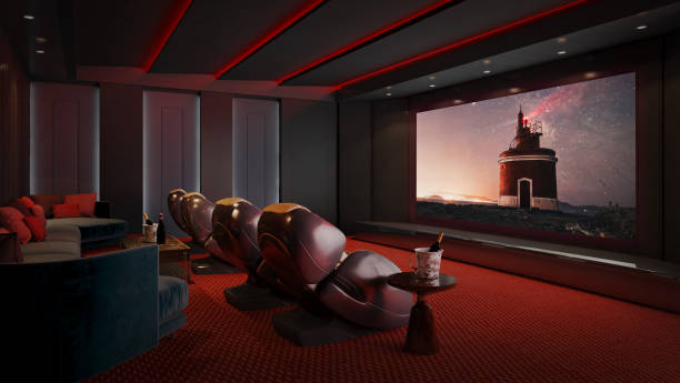istock Luxury home theater room with red carpet.3d rendering 2159549170