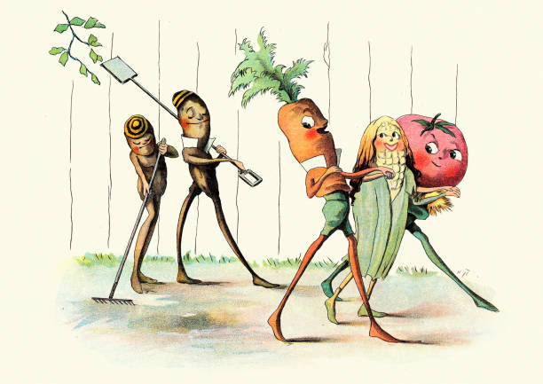 Vintage illustration Fairy tale, Magical creatures, Runner bean, Carrot, Corn on cob, Tomato, The Vege-men's revenge, children's book illustration, Florence K Upton, 1890s