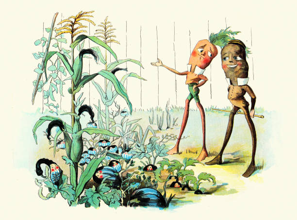 Vintage illustration Fairy tale, Magical creatures, vegetable men growing children in a garden, The Vege-men's revenge, children's book illustration, Florence K Upton, 1890s