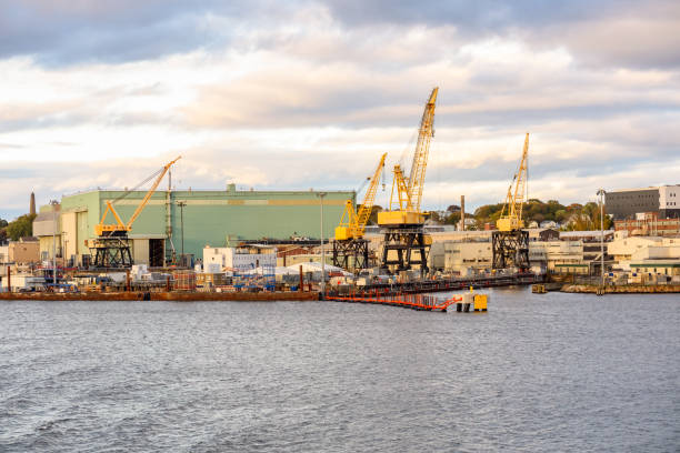 Belfast, Norhern Ireland, UK - September 25, 2016: Samson and Goliath. Twin shipbuilding gantry cranes in Titanic quarter, famous landmark of Belfast, Norther Ireland. Goliath is in the foreground.