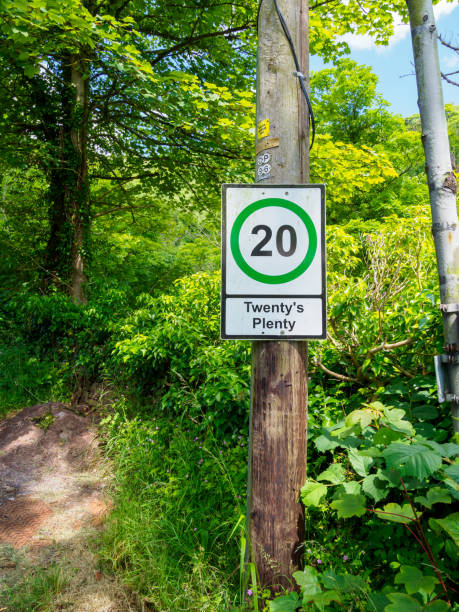 istock A speed limit sign indicating 20 mph on a wooden pole in a lush, green forest setting. 2159553114