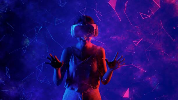 istock Excited woman looking around VR to meta with pointing zodiac. Hallucination. 2159554704
