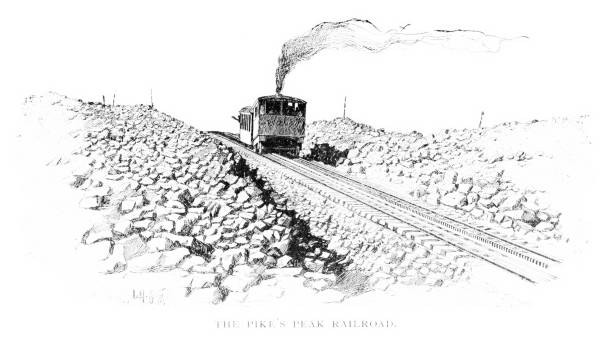 Steam train on Pike's Peak, Rocky Mountains, Colorado, USA. Illustration engraving published 1893. This edition is in my private collection. Copyright is in public domain.