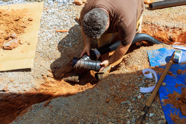 istock Trench is being prepared for assembly of a drainage perforated flexible pipe for draining rainwater. 2159562965