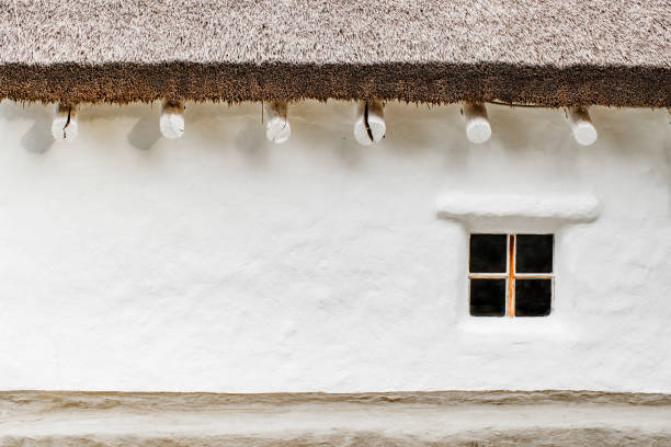 Detail of a traditional thatch house of the fishermen and farmers of Carrasqueira, Portugal. Carrasqueira is known for the Stilt Piers or Cais Palafitico on the Sado River. Carrasqueira, Alcacer do Sal, Setubal, Portugal