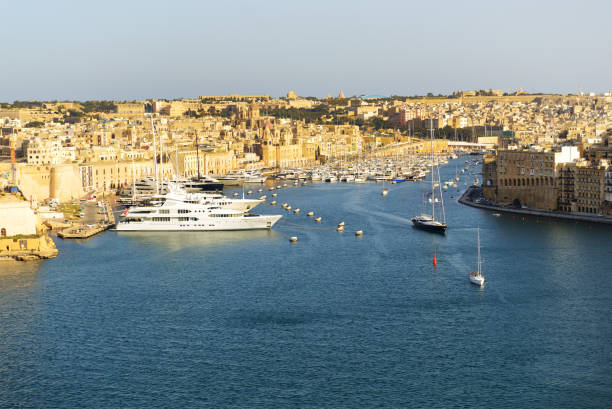 The view on Vittoriosa and yachts in sunset, Malta