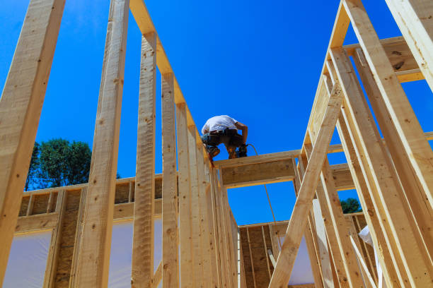 istock Using an air nail hammer, a framing contractor nails wooden beams 2159566022