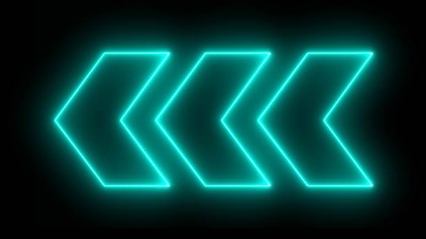 istock Neon arrow icon. Abstract left neon arrow. Neon arrow sign on black background. 2159566664