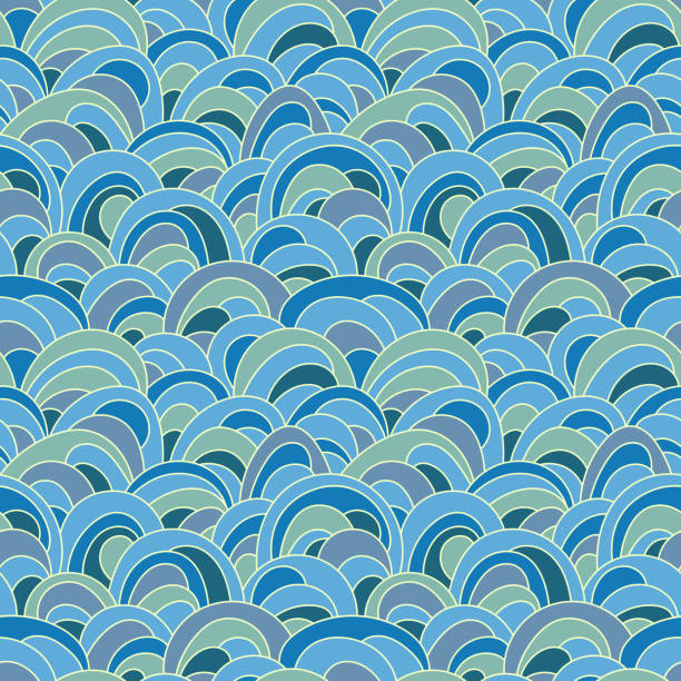 gray-blue decorative waves similar to fish scales Seamless vector pattern of gray-blue decorative waves similar to fish scales mermaid retro revival beach old fashioned stock illustrations