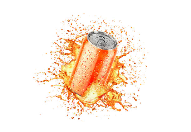 istock Blank orange aluminum 330 ml soda can with drops splash mockup 2159567948