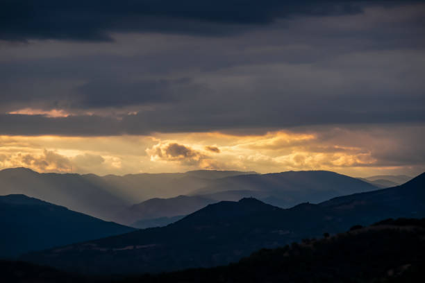 istock Meteora - Panoramic view during sunset from Meteora rocks to Pindos mountains, Thessaly district, Greece. 2159568087