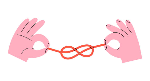 Two hands with red thread illustration Hand drawn cute cartoon illustration two hands with red thread. Flat vector rope tied in eight sea knot doodle style. Connection or family ties icon. Love romantic couple print. Forever bond. Isolated ropes tied together stock illustrations