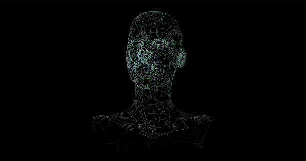 istock Abstract Vector Bust of a Man in Technological Style with Green and Blue Glowing Lines on a Black Background. Vector illustration 2159568801