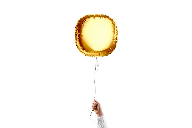 Hand holding gold round balloon mockup, isolated