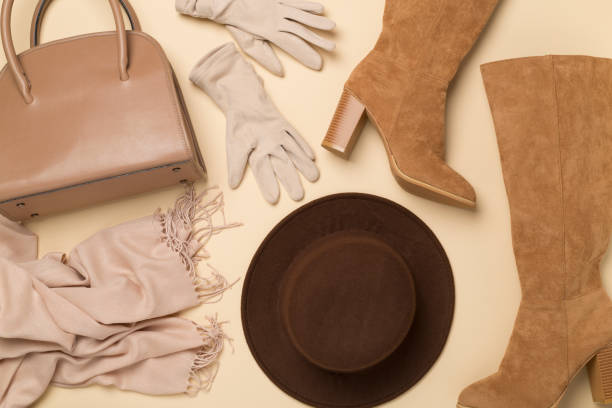 istock Stylish autumn accessories on color background, top view 2159570814