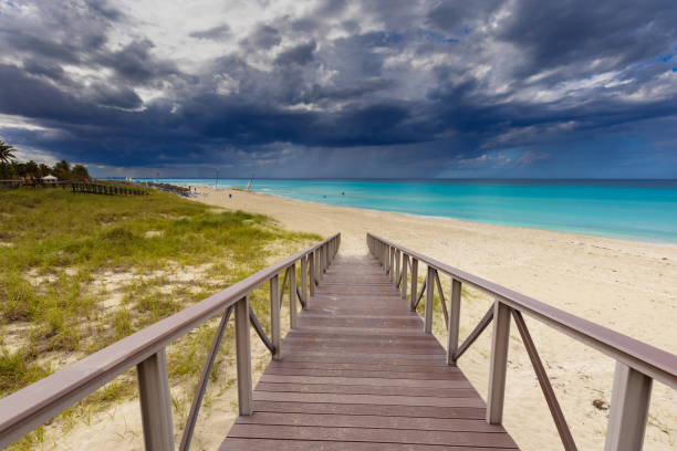 Beautiful sandy beach on a sunny day in Varadero.  Ocean view in Cuba. Summer exotic vacation
