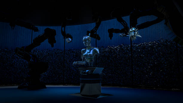 3D renders of robotic arms fabricating an AI cyborg in a automation workshop in low light. Fabrication and assembly of an AI robot by robotic arms.